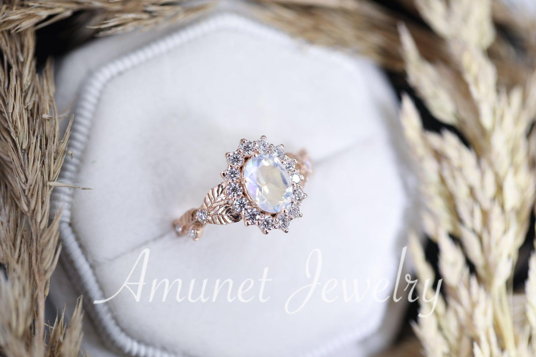 Rainbow moonstone ring, oval moonstone engagement ring, moonstone halo ring,leaf ring. - Amunet Jewelry