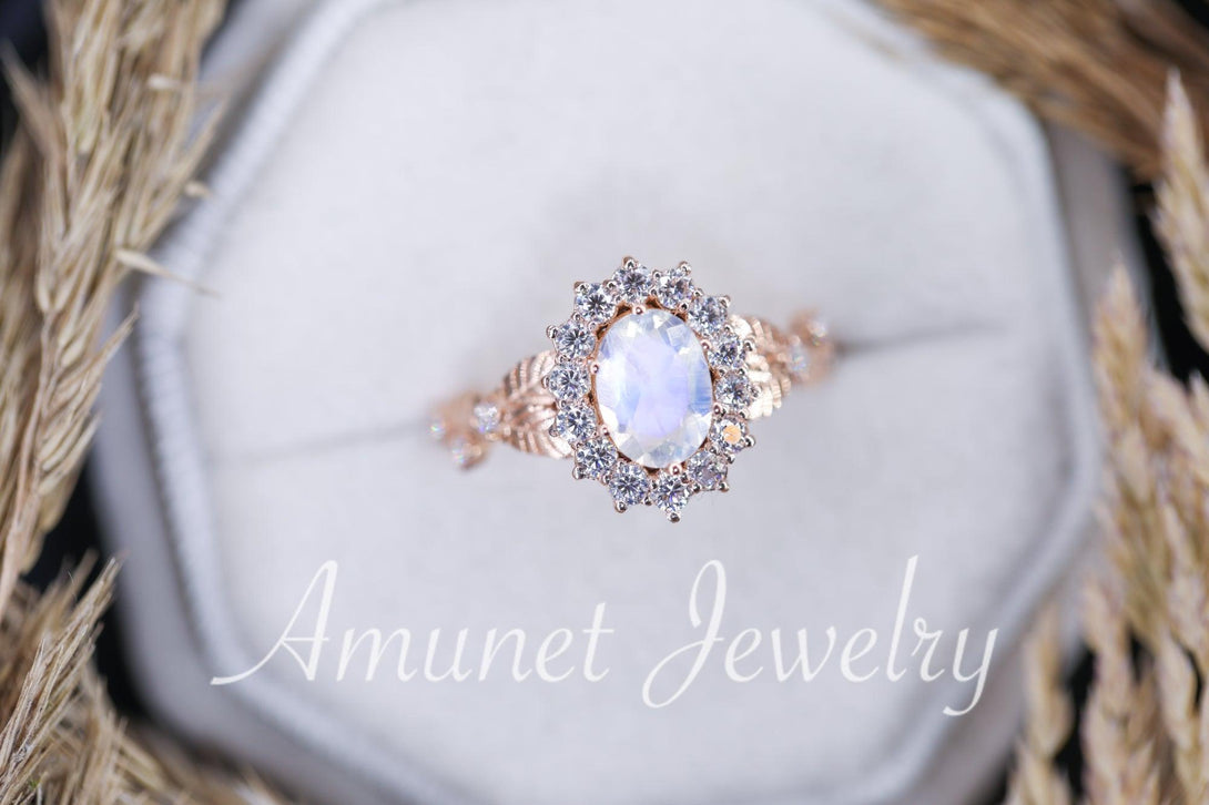 Rainbow moonstone ring, oval moonstone engagement ring, moonstone halo ring,leaf ring. - Amunet Jewelry