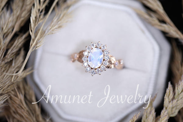 Rainbow moonstone ring, oval moonstone engagement ring, moonstone halo ring,leaf ring. - Amunet Jewelry