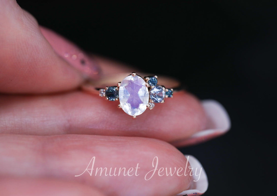 Oval moonstone engagement ring, montana sapphire, blue and white diamonds, cluster ring, unique engagement ring - Amunet Jewelry