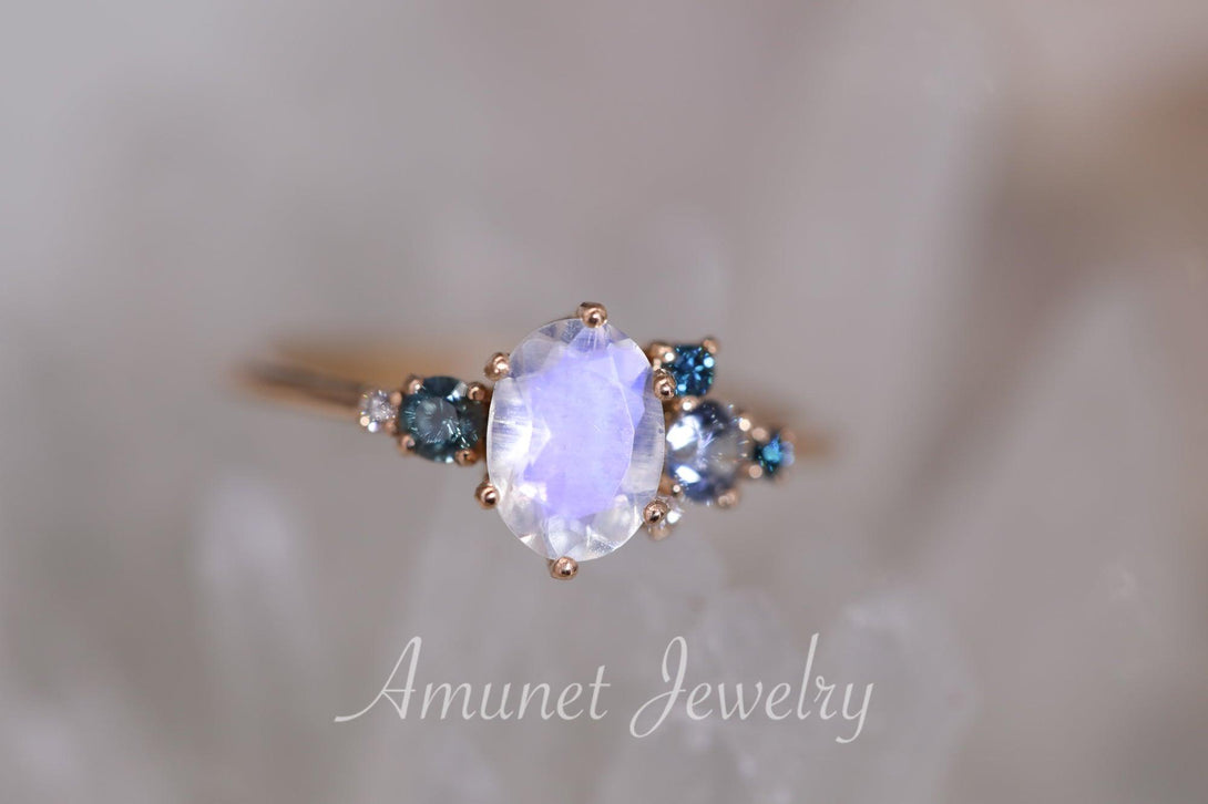 Oval moonstone engagement ring, montana sapphire, blue and white diamonds, cluster ring, unique engagement ring - Amunet Jewelry