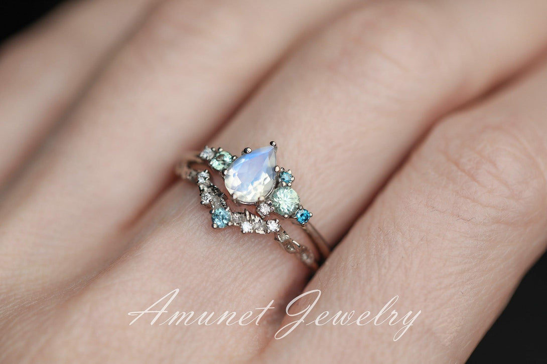 Moonstone engagement ring, rainbow moonstone,montana sapphire ring,pear moonstone cluster ring, unique engagement ring. - Amunet Jewelry