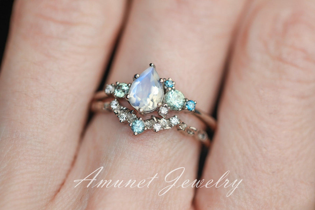 Moonstone engagement ring, rainbow moonstone,montana sapphire ring,pear moonstone cluster ring, unique engagement ring. - Amunet Jewelry