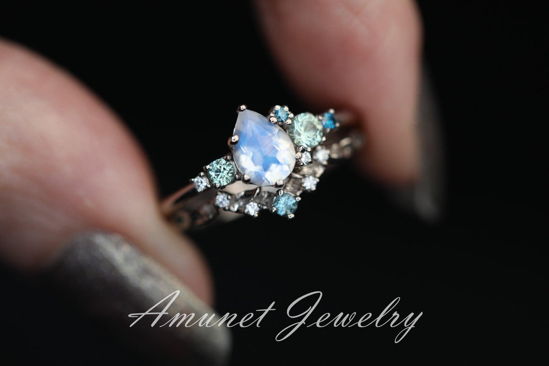 Moonstone engagement ring, rainbow moonstone,montana sapphire ring,pear moonstone cluster ring, unique engagement ring. - Amunet Jewelry