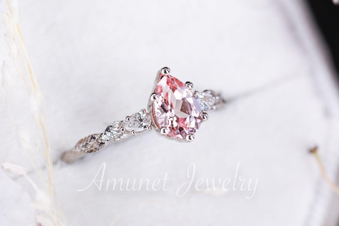 Peach sapphire engagement ring, pear sapphire, leaf engagement ring, chatham sapphire ring, unique engagement ring - Amunet Jewelry