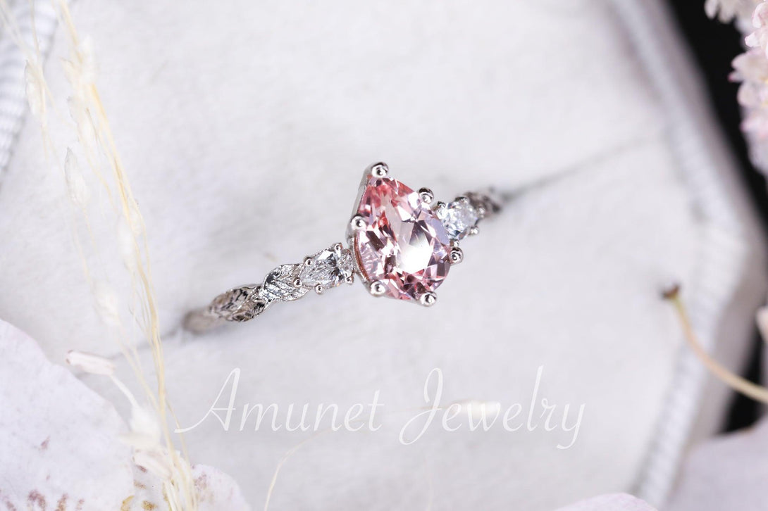 Peach sapphire engagement ring, pear sapphire, leaf engagement ring, chatham sapphire ring, unique engagement ring - Amunet Jewelry