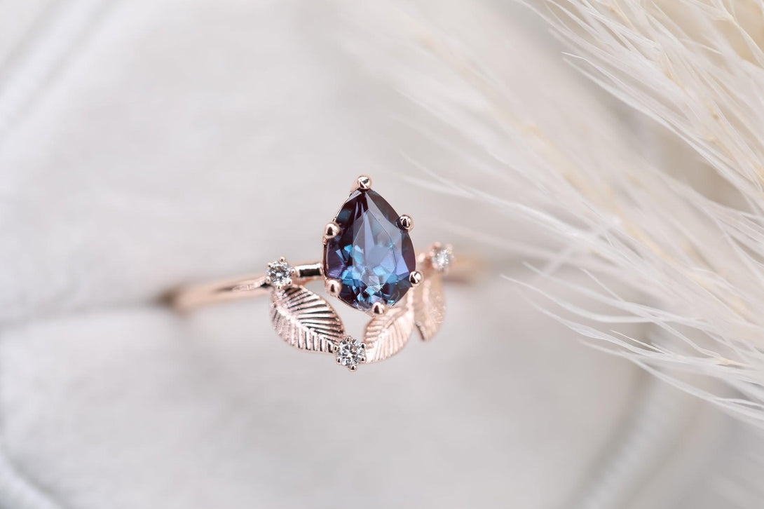 Beautiful engagement ring with pear Chatham alexandrite, diamonds cluster ring, unique ring. - Amunet Jewelry