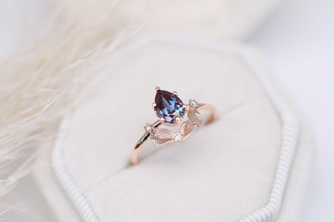 Beautiful engagement ring with pear Chatham alexandrite, diamonds cluster ring, unique ring. - Amunet Jewelry