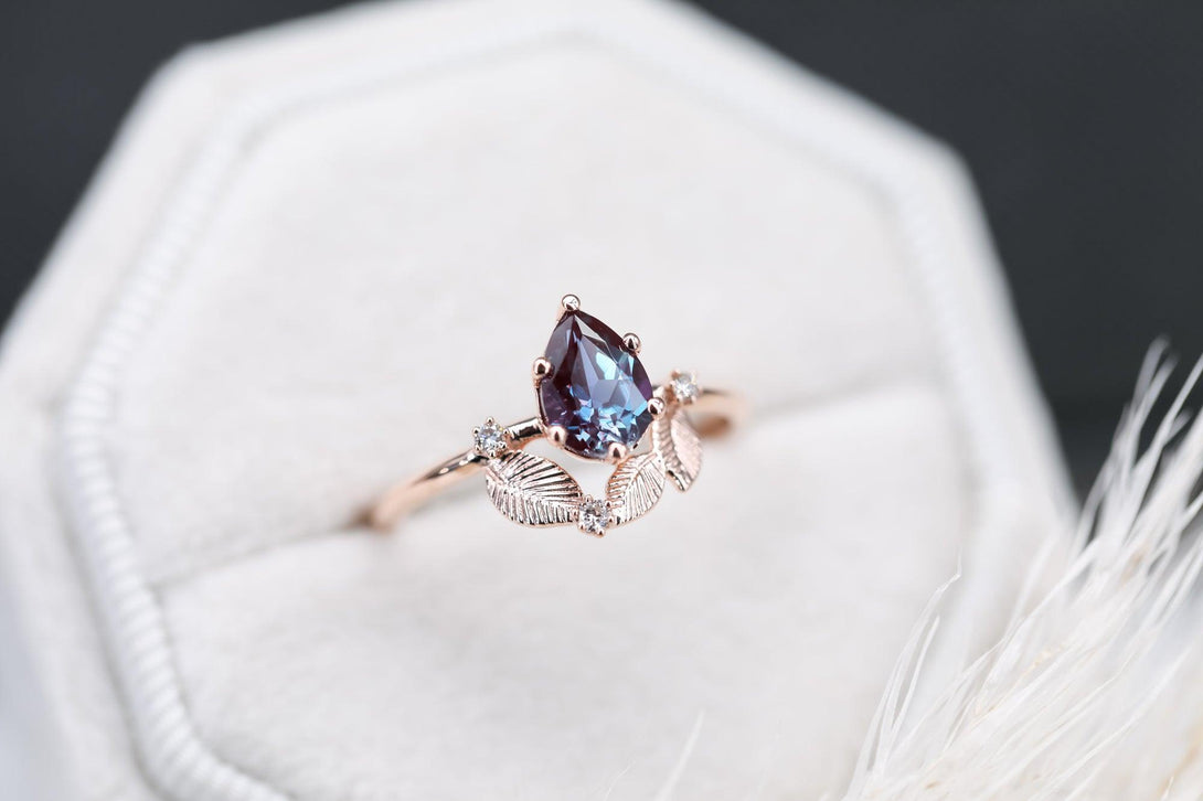 Beautiful engagement ring with pear Chatham alexandrite, diamonds cluster ring, unique ring. - Amunet Jewelry