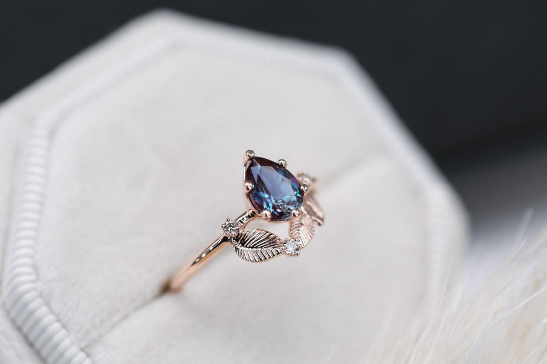 Beautiful engagement ring with pear Chatham alexandrite, diamonds cluster ring, unique ring. - Amunet Jewelry