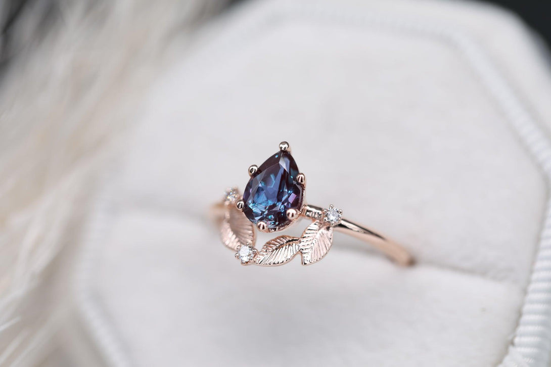 Beautiful engagement ring with pear Chatham alexandrite, diamonds cluster ring, unique ring. - Amunet Jewelry