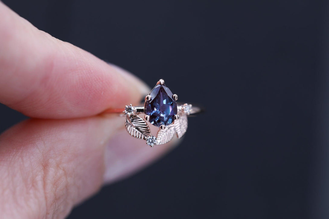 Beautiful engagement ring with pear Chatham alexandrite, diamonds cluster ring, unique ring. - Amunet Jewelry