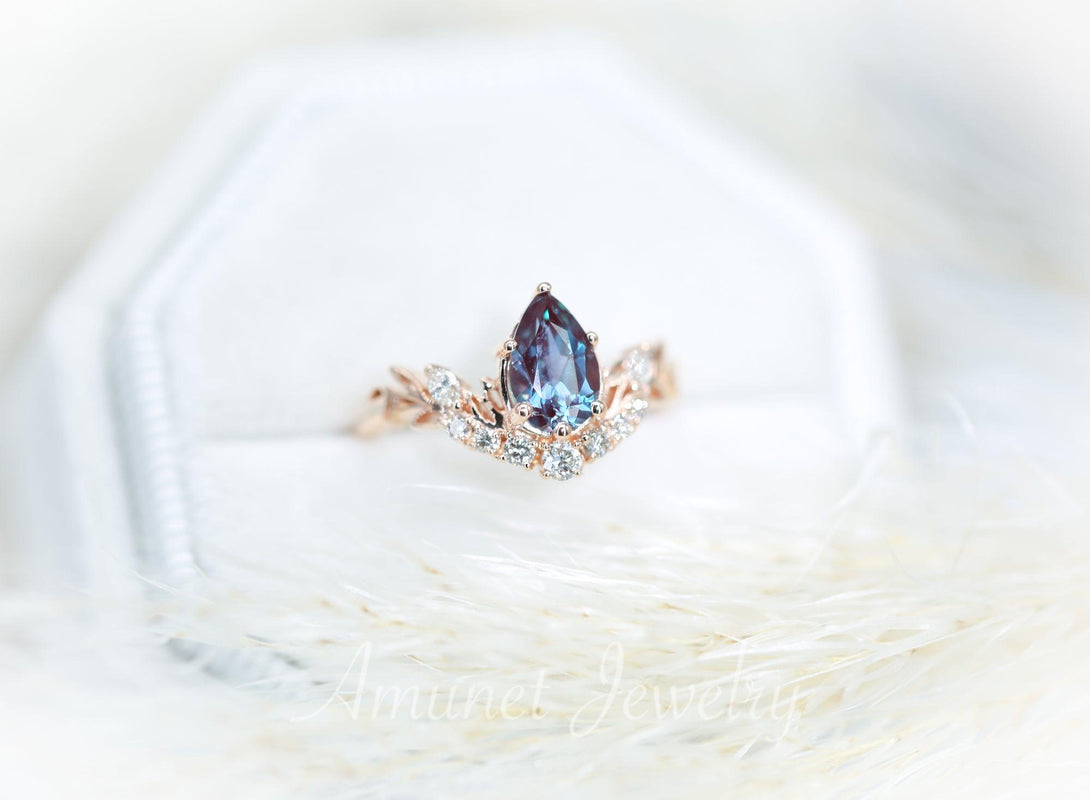 Pear shaped Chatham alexandrite engagement ring, leaf engagement ring, vintage ring, unique engagement ring - Amunet Jewelry