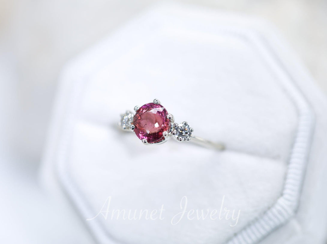 Tourmaline engagement ring, 3 Stone engagement ring, 14K gold ring, Diamond engagement ring, Rubelite pink tourmaline, Diamond ring - Amunet Jewelry