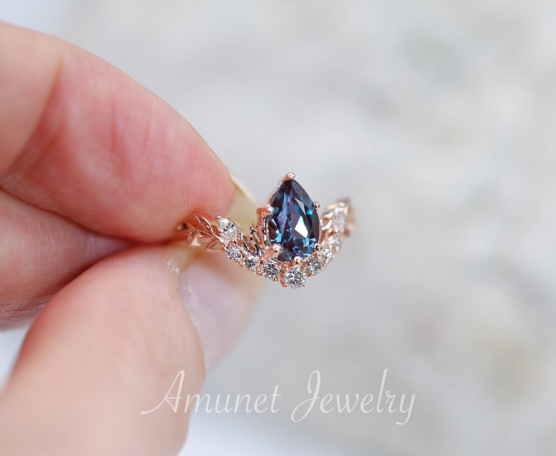 Pear shaped Chatham alexandrite engagement ring, leaf engagement ring, vintage ring, unique engagement ring - Amunet Jewelry