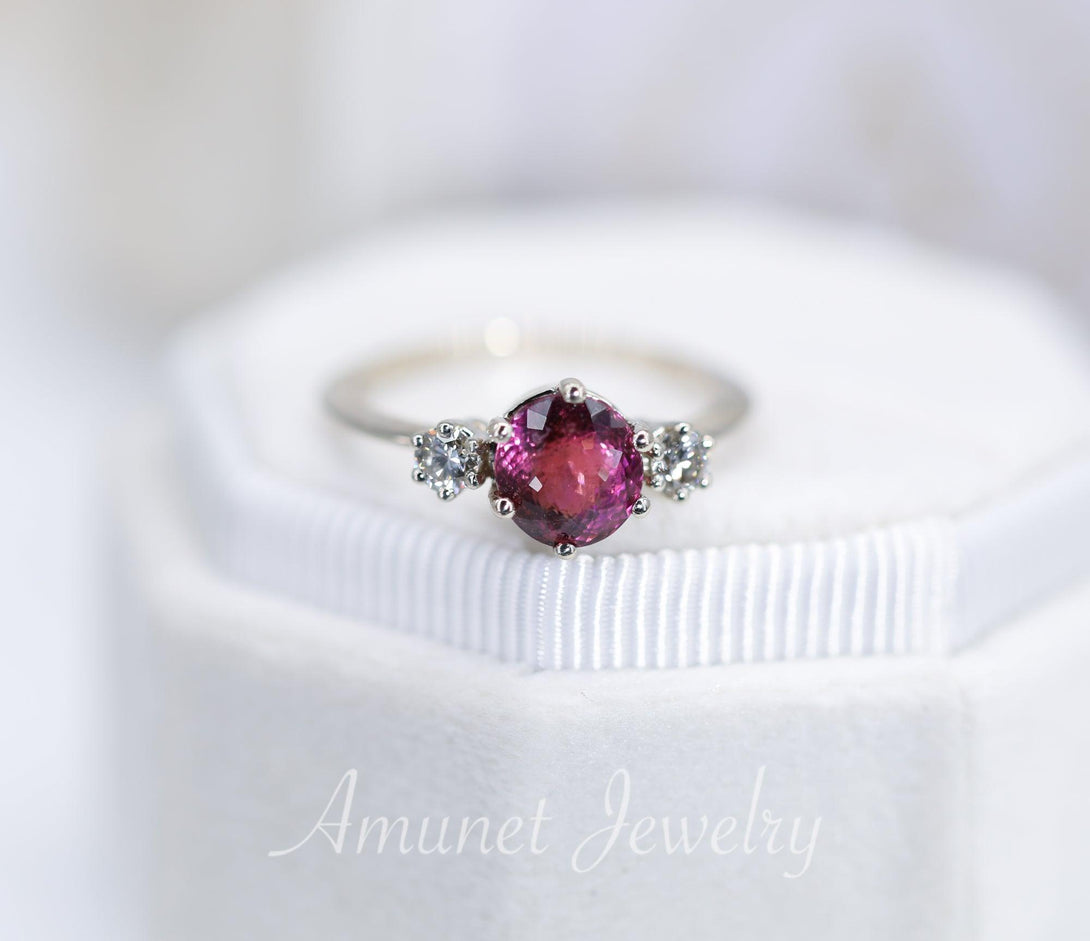 Tourmaline engagement ring, 3 Stone engagement ring, 14K gold ring, Diamond engagement ring, Rubelite pink tourmaline, Diamond ring - Amunet Jewelry