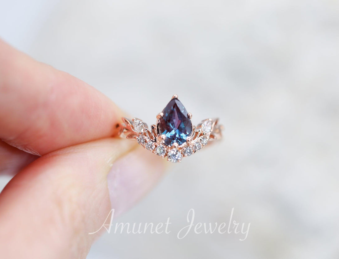 Pear shaped Chatham alexandrite engagement ring, leaf engagement ring, vintage ring, unique engagement ring - Amunet Jewelry