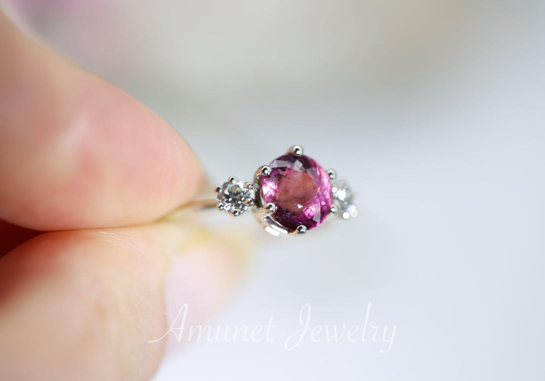 Tourmaline engagement ring, 3 Stone engagement ring, 14K gold ring, Diamond engagement ring, Rubelite pink tourmaline, Diamond ring - Amunet Jewelry