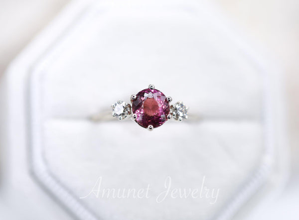 Tourmaline engagement ring, 3 Stone engagement ring, 14K gold ring, Diamond engagement ring, Rubelite pink tourmaline, Diamond ring - Amunet Jewelry