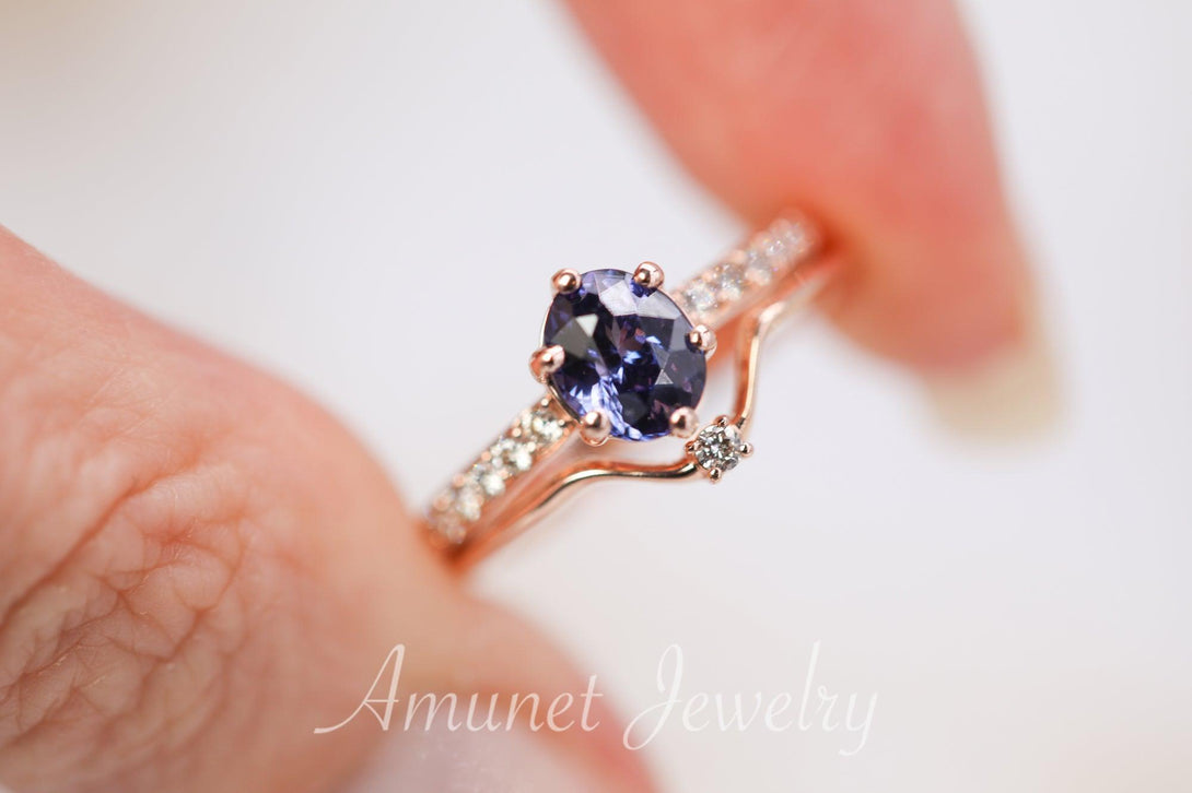 Engagement ring with purple blue Sapphire 1.15 Carat oval shape, sapphire ring, engagement ring, natural sapphire ring - Amunet Jewelry