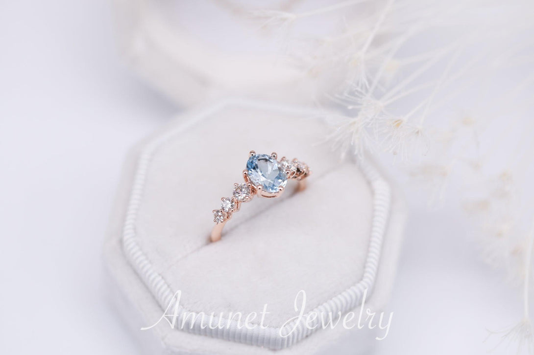 Beautiful oval aquamarine engagement ring with white diamonds, blue aquamarine ring, engagement ring - Amunet Jewelry