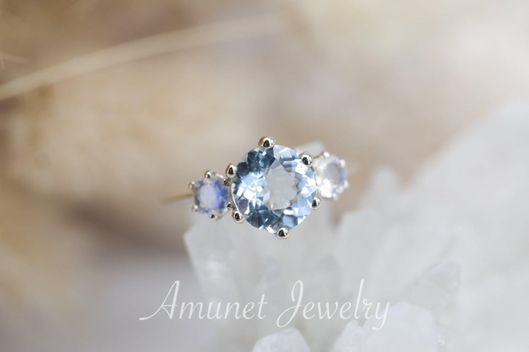 Engagement ring, blue aquamarine and moonstone ring, , aquamarine engagement ring, cluster ring, three stones ring. - Amunet Jewelry