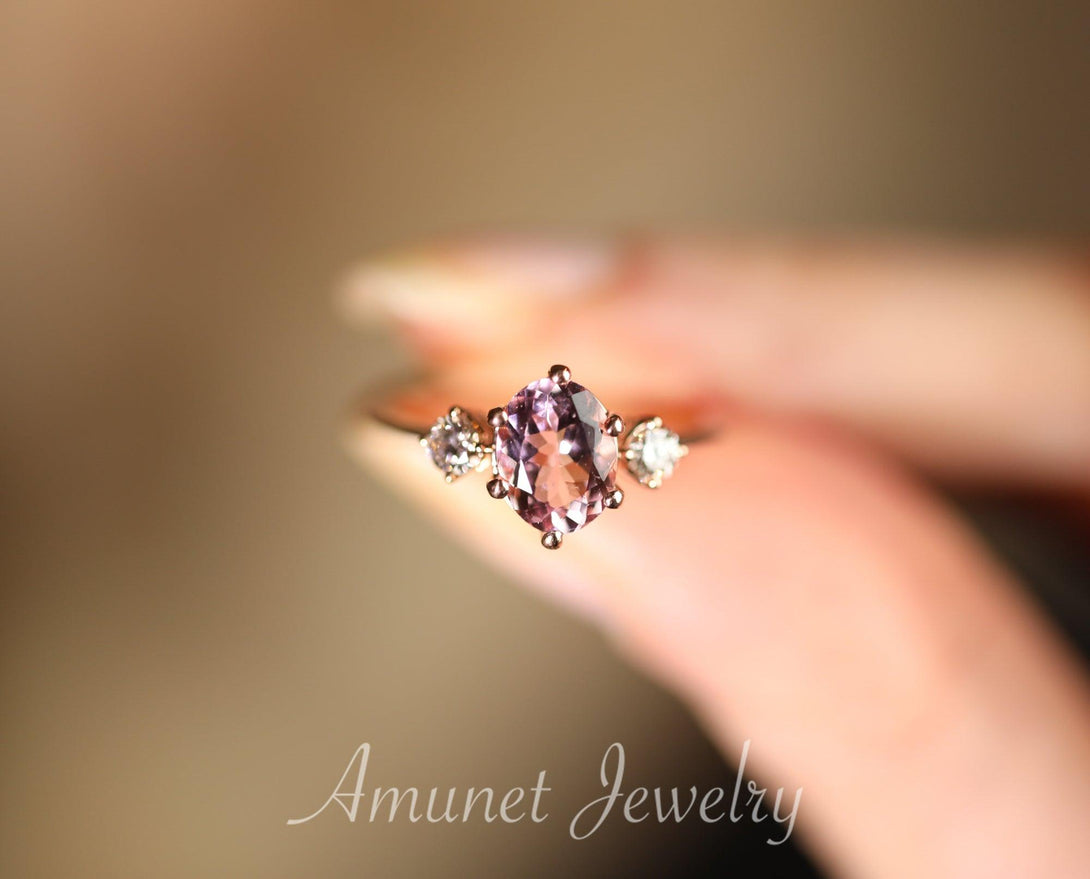 Engagement ring with rose morganite, 14 gold ring,wedding ring, oval morganite ring,tree stone ring,diamond ring. - Amunet Jewelry