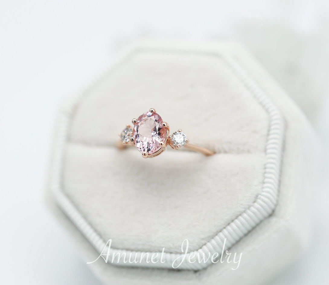 Engagement ring with rose morganite, 14 gold ring,wedding ring, oval morganite ring,tree stone ring,diamond ring. - Amunet Jewelry