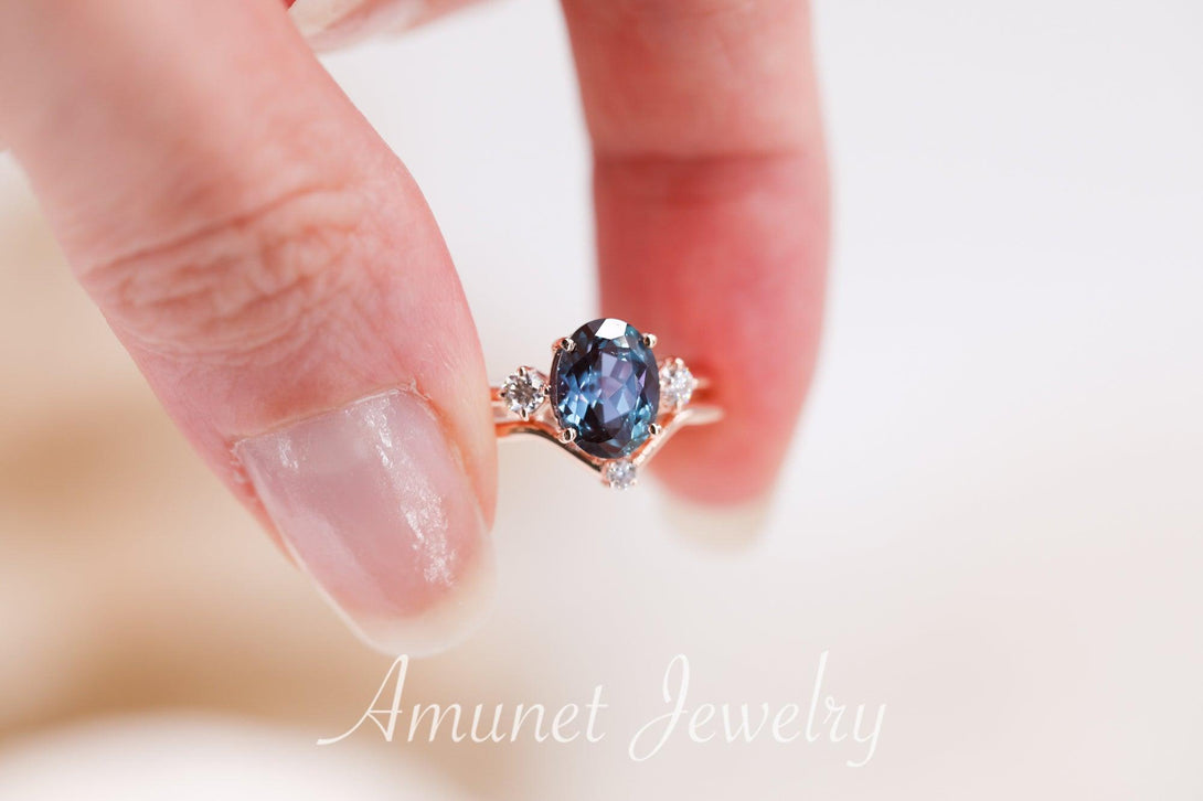 Engagement ring set with Chatham oval shaped alexandrite along with matching band, wedding ring - Amunet Jewelry