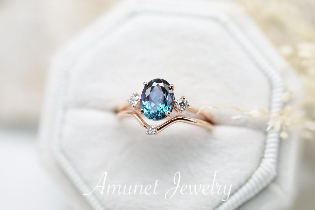 Engagement ring set with Chatham oval shaped alexandrite along with matching band, wedding ring - Amunet Jewelry