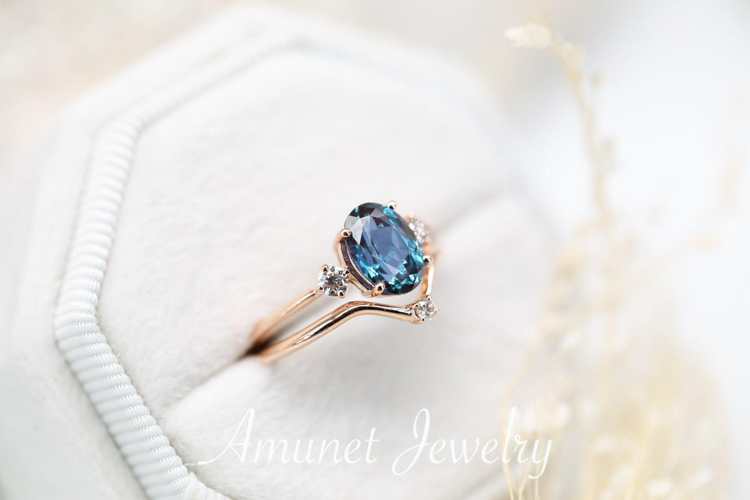 Engagement ring set with Chatham oval shaped alexandrite along with matching band, wedding ring - Amunet Jewelry