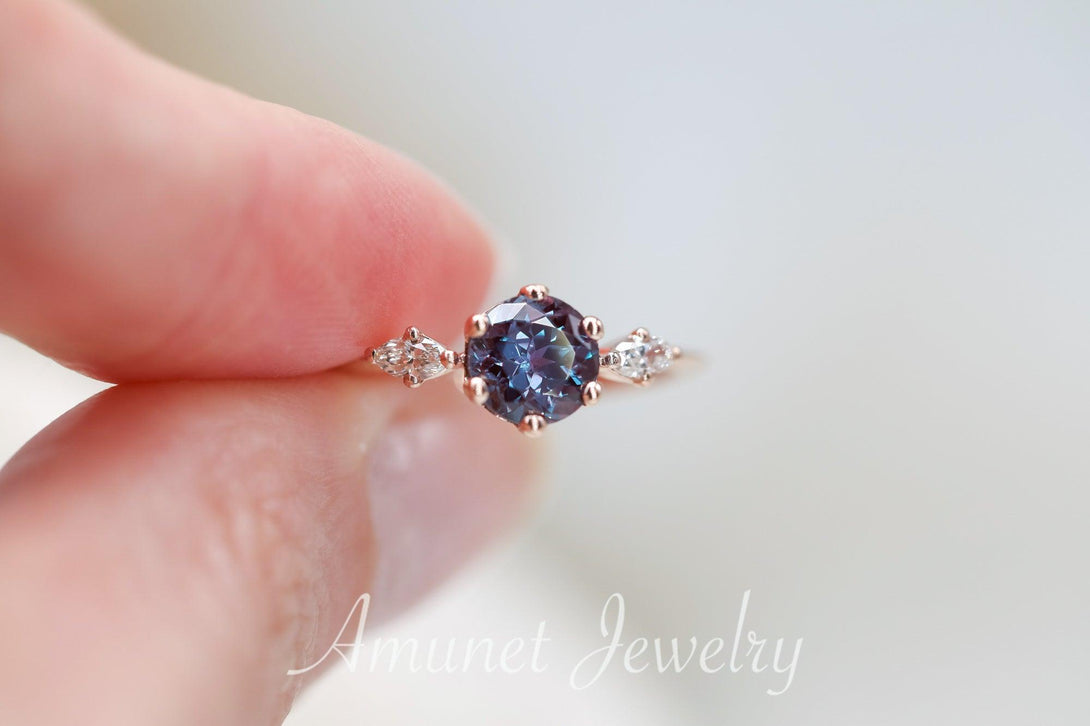 Engagement ring with Chatham alexandrite, alexandrite ring, engagement ring, - Amunet Jewelry