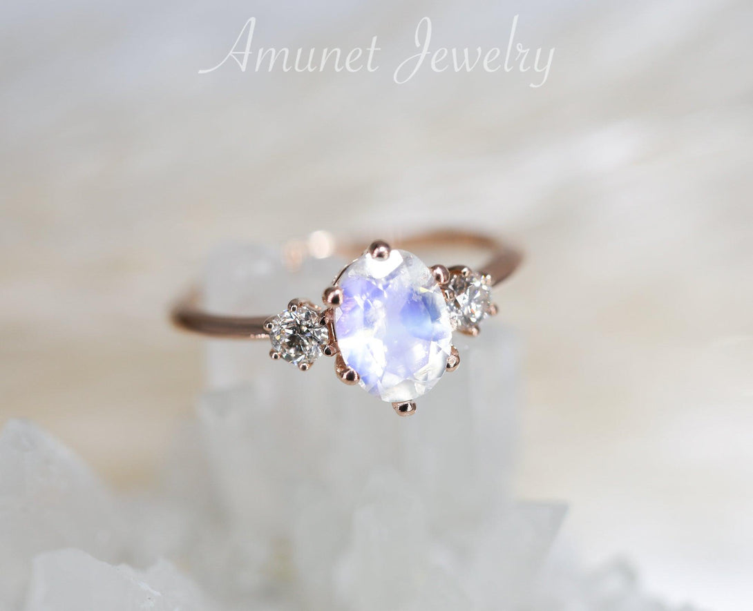 Engagement ring with a beautiful oval Rainbow moonstone with blue sheen - Amunet Jewelry