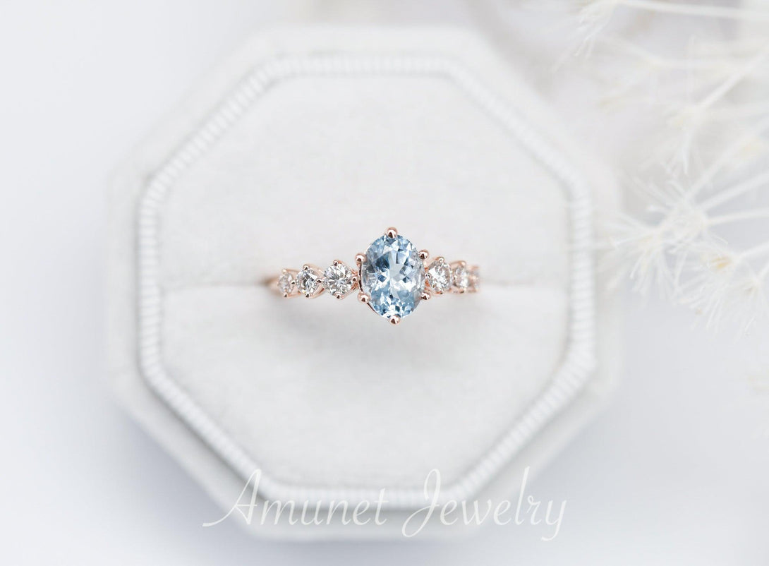 Beautiful oval aquamarine engagement ring with white diamonds, blue aquamarine ring, engagement ring - Amunet Jewelry