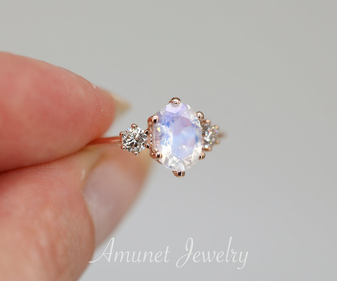 Engagement ring with a beautiful oval Rainbow moonstone with blue sheen - Amunet Jewelry