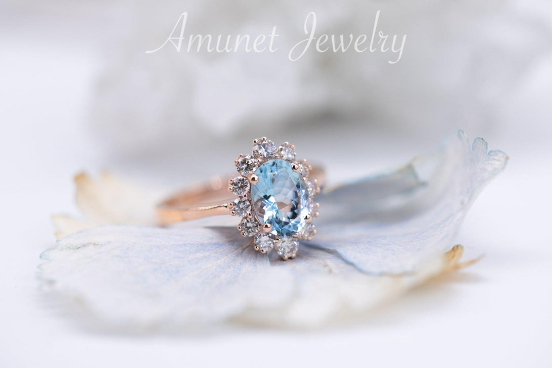 Oval Aquamarine Engagement Ring in Halo of surrounding Diamonds, engagement ring, - Amunet Jewelry