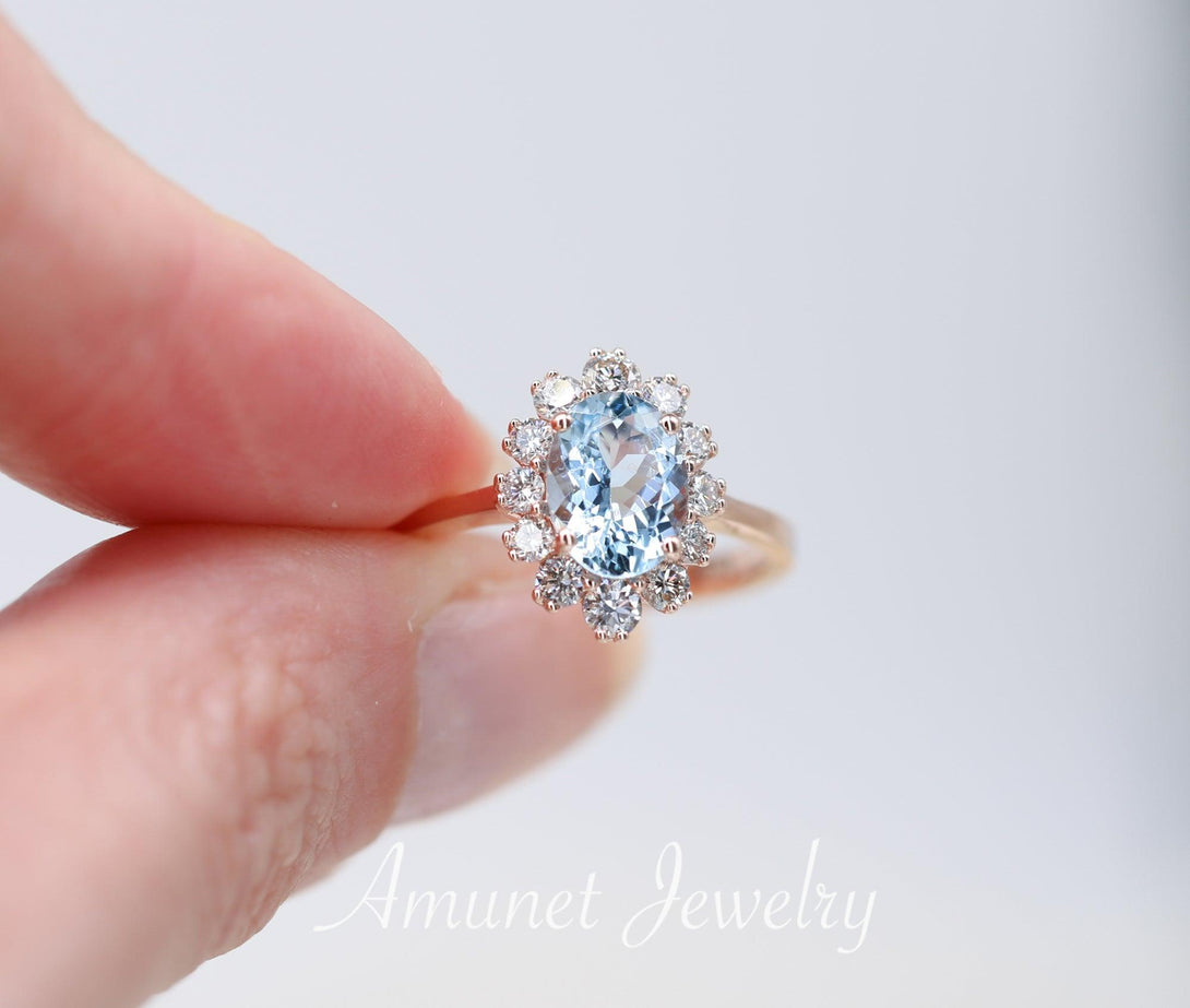 Oval Aquamarine Engagement Ring in Halo of surrounding Diamonds, engagement ring, - Amunet Jewelry