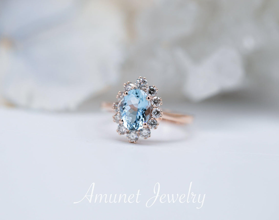 Oval Aquamarine Engagement Ring in Halo of surrounding Diamonds, engagement ring, - Amunet Jewelry