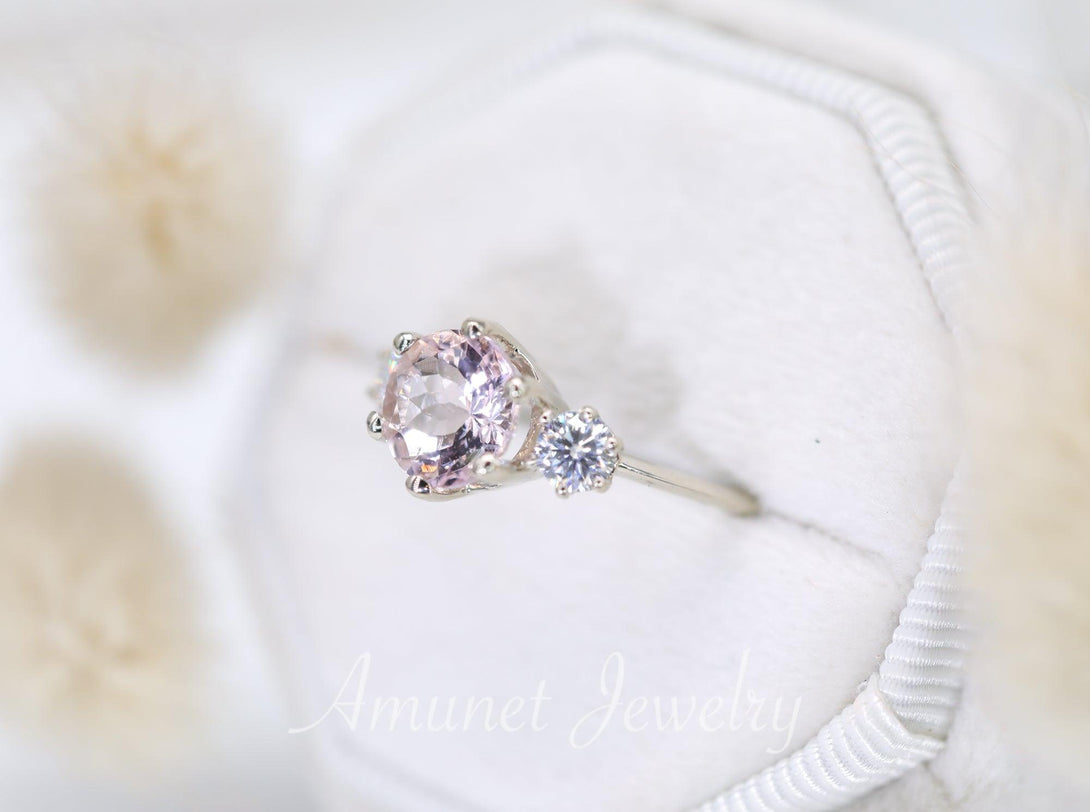 Engagement ring with rose morganite, Three stones ring, diamond ring, Wedding ring - Amunet Jewelry