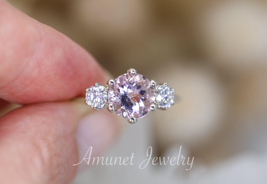 Engagement ring with rose morganite, Three stones ring, diamond ring, Wedding ring - Amunet Jewelry