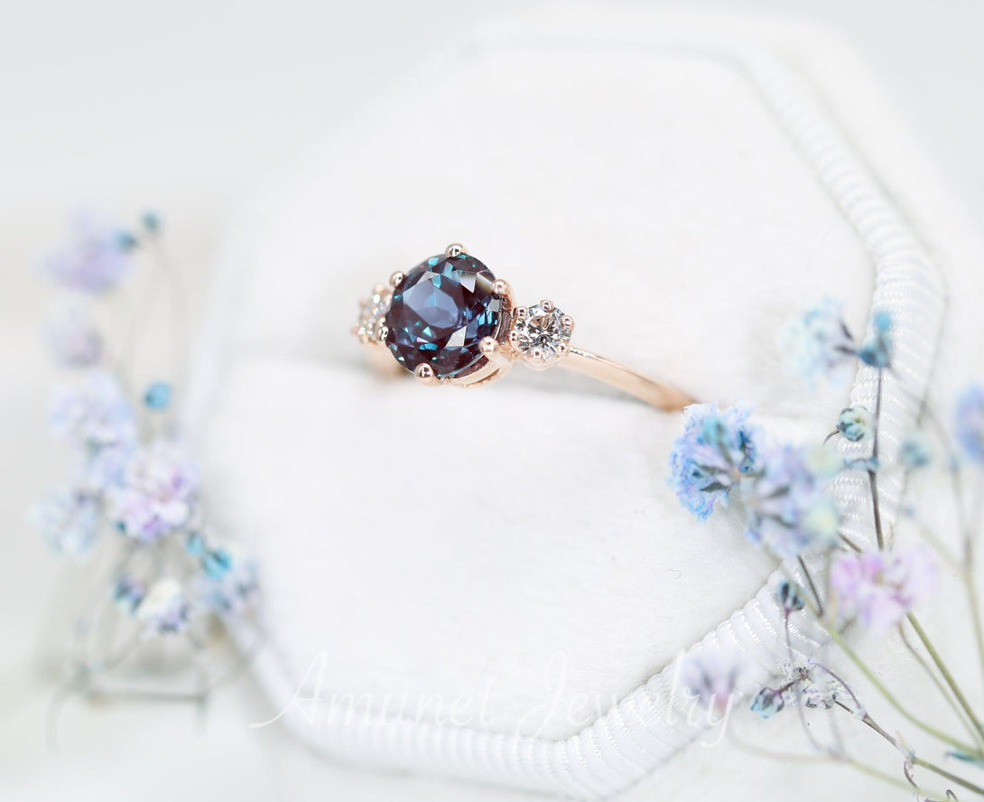 Engagement ring with round Chatham alexandrite, VS clarity white diamonds, three stone ring. - Amunet Jewelry