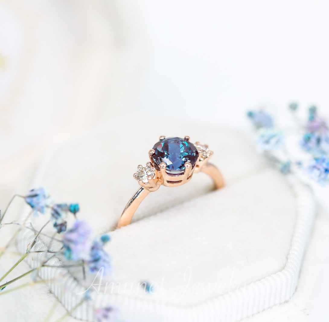 Engagement ring with round Chatham alexandrite, VS clarity white diamonds, three stone ring. - Amunet Jewelry