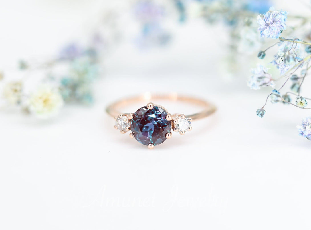 Engagement ring with round Chatham alexandrite, VS clarity white diamonds, three stone ring. - Amunet Jewelry