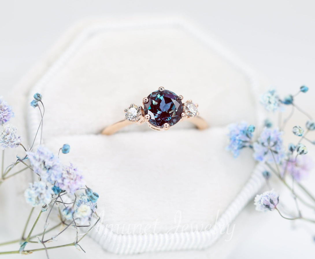 Engagement ring with round Chatham alexandrite, VS clarity white diamonds, three stone ring. - Amunet Jewelry