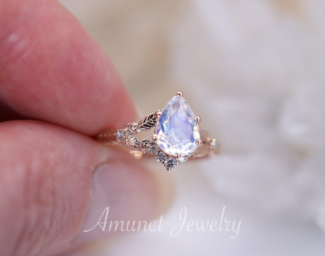 Pear moonstone engagement ring, ,cluster ring, leaf ring,nature inspired ring,unique engagement ring - Amunet Jewelry