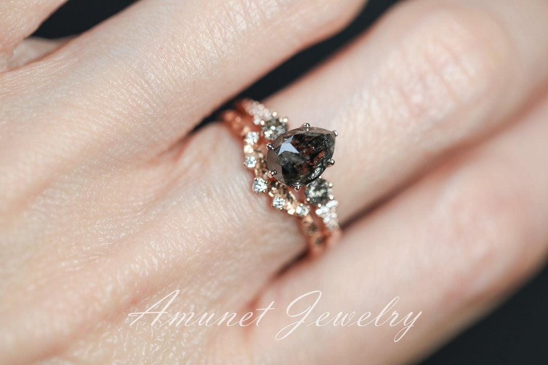 Salt and pepper diamond ring, engagement ring, leaf design ring, unique ring. - Amunet Jewelry