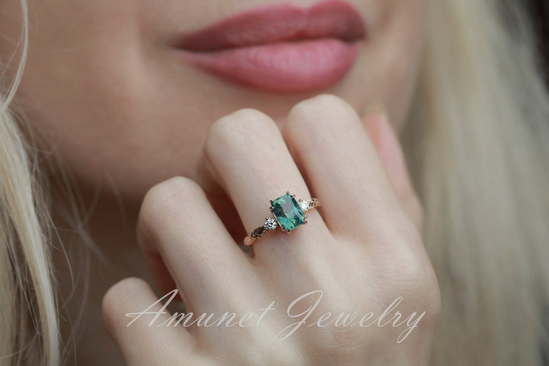 Teal Sapphire ring,blue green sapphire engagement ring, mermaid sapphire ring, unique ring, Madagascar sapphire ring. - Amunet Jewelry