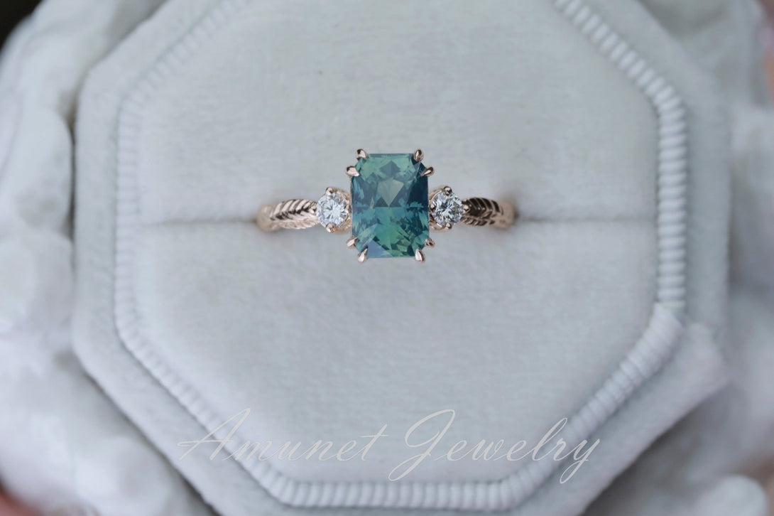 Teal Sapphire ring,blue green sapphire engagement ring, mermaid sapphire ring, unique ring, Madagascar sapphire ring. - Amunet Jewelry