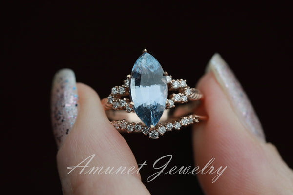 Sapphire ring, blue Ceylon sapphire ring,marquise sapphire engagement ring,vintage ring. - Amunet Jewelry