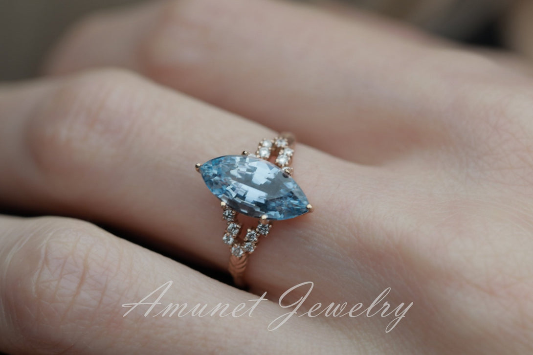 Sapphire ring, blue Ceylon sapphire ring,marquise sapphire engagement ring,vintage ring. - Amunet Jewelry